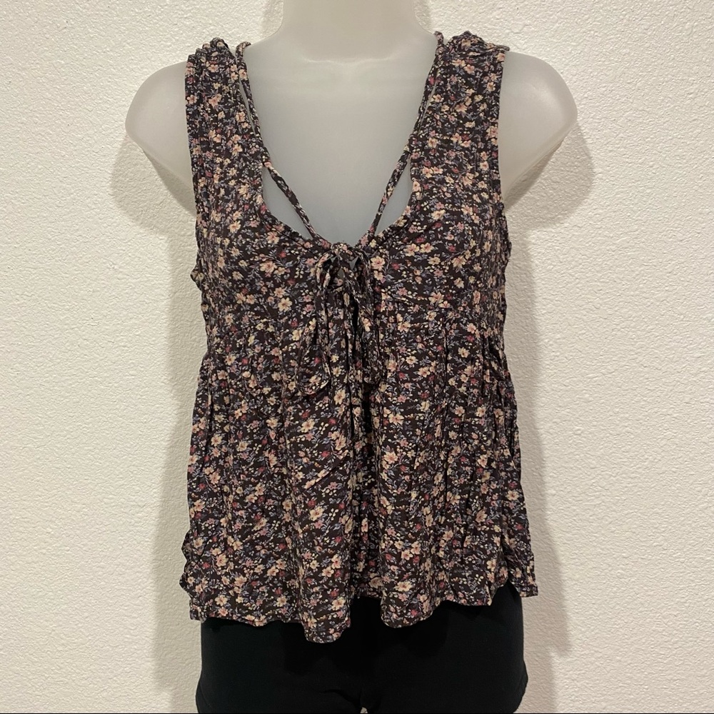 american eagle brown floral lace up sleeveless tank top shirt blouse